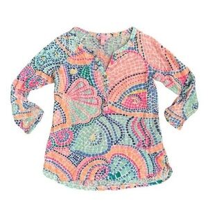 Lilly Pulitzer Elsa Top Tile Wave Egret Henley Linen, XS